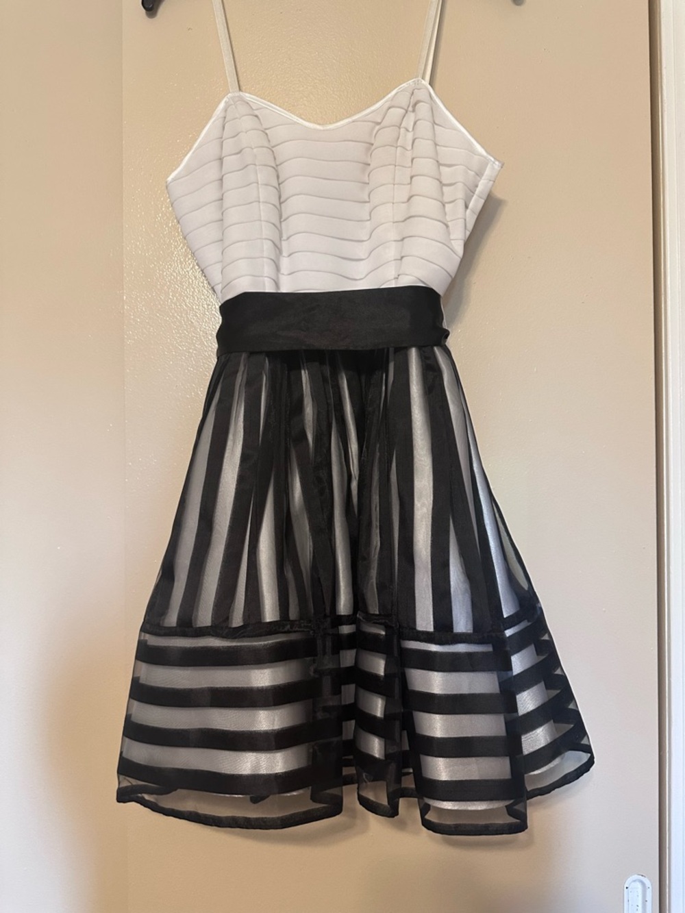 Morgan & Co. Black and White Striped Fit-and-Flare Cocktail Dress